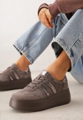 Brązowe Zamszowe Sneakersy na Grubej Podeszwie ze Skórzaną Wkładką Riovessa. Brązowe obuwie sportowe damskie Born2be, z jeansu, bez zapięcia. Za 189.99 zł.