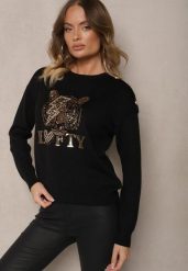 Czarny Sweter z Wiskozą Naszywką Napisem i Cyrkoniami Lilrae. Czarne swetry klasyczne damskie Renee, z wiskozy, bez kołnierzyka. Za 119.99 zł.