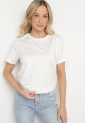 Biały T-shirt z Wiskozą i Cyrkoniami Sanistria. Białe t-shirty damskie Born2be, l, bez wzorów, z jeansu, bez kołnierzyka. Za 84.99 zł.