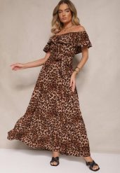 Brązowa Rozkloszowana Sukienka Hiszpanka z Gumką w Talii w Panterkowy Wzór Hiterta. Brązowe sukienki damskie Renee, bez wzorów, eleganckie, bez ramiączek. W wyprzedaży za 41.99 zł.