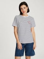 Cross Jeans Koszulka w kolorze biało-czarnym rozmiar: M. Białe bluzki damskie Cross Jeans, m, bez wzorów, z jeansu, bez kołnierzyka, bez ramiączek. Za 92.21 zł.