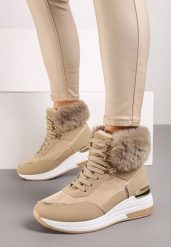 Ciemnobeżowe Futerkowe Sneakersy na Koturnie z Metalicznymi Wstawkami Kaithrin. Brązowe obuwie sportowe damskie Renee, z dzianiny, bez zapięcia. Za 119.99 zł.