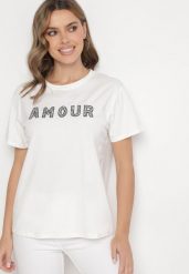 Biały T-shirt z Bawełny Ozdobiony Haftowanym Napisem z Cekinami Marisiana. Białe t-shirty damskie Born2be, m, bez wzorów, z bawełny, bez kołnierzyka. Za 34.99 zł.