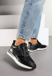 Czarne Sneakersy z Wkładką ze Skóry Naturalnej Zdobione Suwakiem Fihanor. Czarne obuwie sportowe damskie Renee, z jeansu, bez zapięcia. Za 119.99 zł.