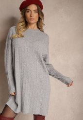 Jasnoszara Sukienka Dzianinowa Ozdobiona Tłoczeniem Gelabra. Szare sukienki damskie Renee, bez wzorów, z dzianiny, eleganckie, bez ramiączek. Za 59.99 zł.