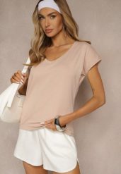 Beżowy T-shirt z Bawełny z Dekoltem w Serek Linithiela. Brązowe t-shirty damskie Renee, xs, bez wzorów, z bawełny, bez kołnierzyka. Za 39.99 zł.