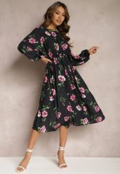 Czarno-Różowa Midi Sukienka w Kwiaty o Rozkloszowanym Kroju z Rękawami Nietoperz Jervia. Czarne sukienki damskie Renee, bez wzorów, eleganckie, bez ramiączek. W wyprzedaży za 43.99 zł.