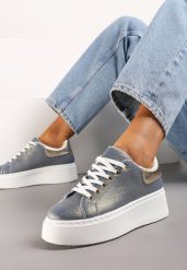 Niebiesko-Złote Sneakersy na Grubej Podeszwie przed Kostkę z Metaliczną Wstawką Morabell. Niebieskie obuwie sportowe damskie Renee, z materiału, przed kostkę, bez zapięcia. Za 89.99 zł.