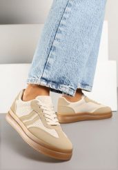 Ciemnobeżowe Sneakersy z Geometrycznym Wzorem Sadeane. Brązowe obuwie sportowe damskie Born2be, z jeansu, bez zapięcia. Za 74.99 zł.