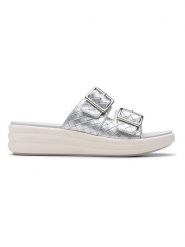 Clarks Klapki "Drift Buckle" w kolorze srebrnym rozmiar: 39,5. Szare klapki damskie Clarks, bez wzorów, z otwartym noskiem, bez obcasa, bez zapięcia. Za 100.99 zł.