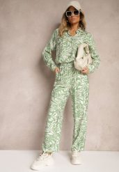 Zielony Komplet z Dodatkiem Wiskozy Spodnie z Gumką w Talii Koszula z Rękawami z Regulacją Iviria. Zielone koszule damskie Renee, l, bez wzorów, z materiału, eleganckie, bez kołnierzyka, bez ramiączek. Za 99.99 zł.