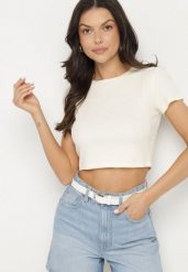 Beżowy Bawełniany Prążkowany T-shirt Nelzedi. Brązowe t-shirty damskie Born2be, m, bez wzorów, z bawełny, bez kołnierzyka. Za 19.99 zł.