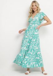 Miętowa Rozkloszowana Sukienka Maxi z Luźnym Rękawem w Kwiatowy Print Oxeria. Zielone sukienki damskie Born2be, bez wzorów, bez ramiączek. Za 109.99 zł.