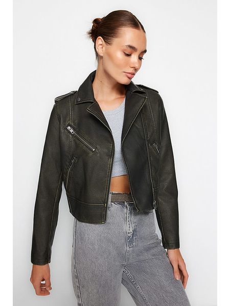 Trendyol Kurtka w kolorze antracytowym ze skóry syntetycznej rozmiar: L. Czarne kurtki damskie Trendyol, l, bez wzorów, ze skóry, bez kaptura. Za 95.99 zł.