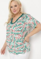 Zielono-Różowa Wiskozowa Bluzka z Krótkim Rękawem i Dekoltem Typu V-Neck Natloza. Zielone bluzki damskie Born2be, l, bez wzorów, z wiskozy, bez kołnierzyka, bez ramiączek. Za 54.99 zł.