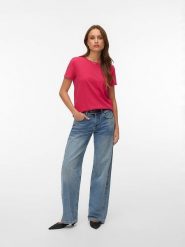 Vero Moda Koszulka "Paula" w kolorze różowym rozmiar: XS. Różowe bluzki damskie Vero Moda, xs, bez wzorów, z bawełny, bez kołnierzyka, bez ramiączek. Za 48.39 zł.