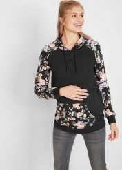 Miękka bluza 2 w 1, ciążowa i do karmienia piersią. Czarne bluzy damskie bonprix, bez wzorów, z dresówki, z kapturem. Za 144.99 zł.