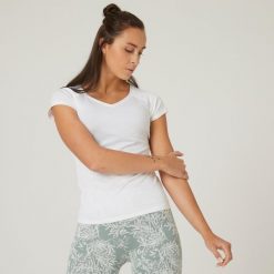 Koszulka z krótkim rękawem damska Nyamba Gym & Pilates 500. Białe koszulki damskie NYAMBA, xs, bez wzorów, z bawełny, bez kołnierzyka, bez ramiączek. W wyprzedaży za 12.99 zł.