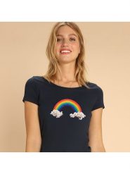 WOOOP Koszulka "Candy rainbow" w kolorze granatowym rozmiar: S. Niebieskie bluzki damskie Wooop, s, bez wzorów, z bawełny, bez kołnierzyka, bez ramiączek. Za 74.46 zł.
