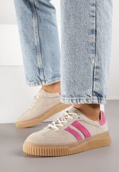 Beżowo-Fuksjowe Sneakersy Typu Tenisówki ze Skórzaną Wkładką Ozdobione Paskami Melissele. Brązowe obuwie sportowe damskie Born2be, bez zapięcia, tenisowe. Za 209.99 zł.