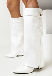 Białe Kozaki ze Szpiczastym Noskiem i Wywiniętą Cholewką Quirina. Białe kozaki damskie Born2be, na zimę, z materiału, ze szpiczastym noskiem, bez obcasa, na obcasie, bez zapięcia. Za 199.99 zł.