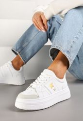Biało-Złote Sneakersy Vices na Platformie z Gwiazdką Fenarra. Białe obuwie sportowe damskie Renee, z jeansu, bez zapięcia. Za 99.99 zł.