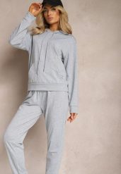 Szary Klasyczny Komplet Dresowy z Bluzą Kangurką i Spodniami Typu Jogger Salevia. Szare bluzy damskie Renee, m, bez wzorów, z dresówki, bez kaptura. Za 74.99 zł.