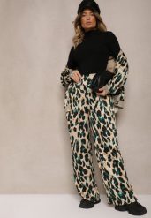 Zielono-Beżowe Panterkowe Spodnie o Szerokim Kroju Paper Bag High Waist Saliandra. Zielone spodnie materiałowe damskie Renee, bez wzorów, z jeansu. Za 74.99 zł.