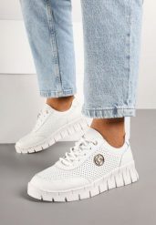 Białe Skórzane Sneakersy z Wkładką ze Skóry Naturalnej i Aplikacją Elothis. Białe obuwie sportowe damskie Born2be, z jeansu, bez zapięcia. Za 169.99 zł.