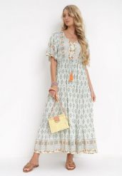 Miętowa Sukienka Maxi z Gumką i Sznurkiem z Chwostami w Pasie Maryse. Zielone sukienki damskie Born2be, bez wzorów, bez ramiączek. Za 129.99 zł.