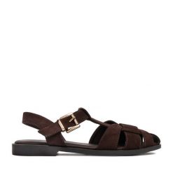 Sandały JENNY. Brązowe sandały damskie Jenny, bez wzorów, bez obcasa, na płaskiej podeszwie, bez zapięcia. Za 129.99 zł.