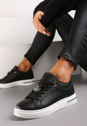 Czarne Sneakersy na Płaskiej Podeszwie z Imitacji Skóry z Broszką Unattia. Czarne obuwie sportowe damskie Renee, z bawełny, bez zapięcia. Za 74.99 zł.