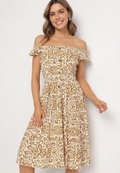 Beżowa Sukienka z Bawełny w Ornamentalny Wzór z Gumką w Pasie Natirissa. Brązowe sukienki damskie Born2be, bez wzorów, z bawełny, eleganckie, bez ramiączek. Za 69.99 zł.