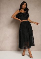 Czarna Tłoczona Spódnica o Rozkloszowanym Kroju z Gumką w Pasie Folunetta. Czarne spódnice damskie Renee, na co dzień, l, bez wzorów, eleganckie, midi. Za 74.99 zł.