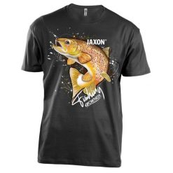Koszulka wędkarska Jaxon Nature Pstrąg. Czarne bluzki damskie JAXON, s, bez wzorów, bez kołnierzyka, bez ramiączek. Za 69.99 zł.