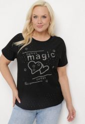 Czarny T-shirt Ażurowy z Ozdobnymi Cyrkoniami Cevola. Czarne t-shirty damskie Born2be, xl, w ażurowe wzory, bez kołnierzyka. Za 34.99 zł.