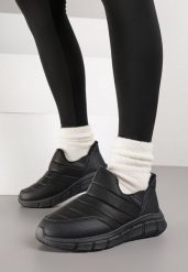 Czarne Sneakersy Śniegowce na Platformie z Tłoczeniem i Pikowaną Cholewką Vermina. Czarne obuwie sportowe damskie Renee, z dresówki, bez zapięcia. Za 79.99 zł.