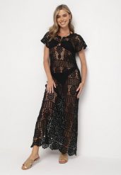 Czarna Bawełniana Sukienka Plażowa Maxi w Ażurowym Stylu Aanuan. Czarne sukienki damskie Born2be, z aplikacjami, z bawełny, bez ramiączek. Za 209.99 zł.