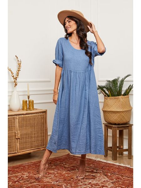 La Compagnie Du Lin Lniana sukienka w kolorze niebieskim rozmiar: XL. Niebieskie sukienki damskie La Compagnie Du Lin, bez wzorów, ze lnu, bez ramiączek. Za 183.59 zł.