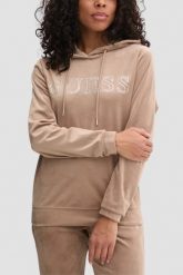GUESS Brązowa welurowa damska bluza Couture. Brązowe bluzy damskie Guess, s, z aplikacjami, z weluru, z kapturem. W wyprzedaży za 236.99 zł.