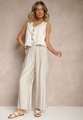 Jasnoszare Spodnie High Waist o Szerokim Kroju z Wiązaniem Telisiela. Szare spodnie materiałowe damskie Renee, bez wzorów, z jeansu. Za 39.99 zł.