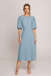 Elegancka sukienka koktajlowa z bufiastymi rękawami błękitna. Niebieskie sukienki damskie Stylove, bez wzorów, z elastanu, eleganckie, bez ramiączek. Za 509.00 zł.