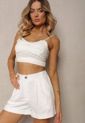 Białe Szorty Typu Bermudy z Bawełną i Lnem High Waist Fiefia. Białe szorty damskie Renee, bez wzorów, z bawełny, z podwyższonym stanem. Za 79.99 zł.