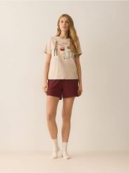 Dwuczęściowa piżama z nadrukiem - bordowy. Czerwone piżamy damskie Reserved, bez wzorów, z bawełny, bez ramiączek. Za 79.99 zł.