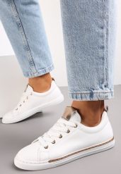 Biało-Szampańskie Sneakersy na Płaskiej Podeszwie z Imitacji Skóry Shalmeasi. Białe obuwie sportowe damskie Renee, ze skóry, bez zapięcia, tenisowe. Za 49.99 zł.