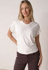 Biały T-shirt z Wiskozy z Trójkątnym Dekoltem Achiore. Białe t-shirty damskie Born2be, l, bez wzorów, z jeansu, bez kołnierzyka. Za 79.99 zł.