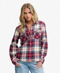 Koszula Lumberjack w Kratę z Flaneli – 100% Bawełna Organiczna – Delta Check Red. Czerwone koszule damskie Superdry, bez wzorów, z bawełny, bez kołnierzyka, bez ramiączek. Za 254.50 zł.
