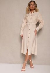 Beżowa Koszulowa Sukienka z Wiskozy z Paskiem z Klamrą i Kieszeniami Lisandrila. Brązowe sukienki damskie Renee, bez wzorów, z wiskozy, eleganckie, bez ramiączek. W wyprzedaży za 111.99 zł.