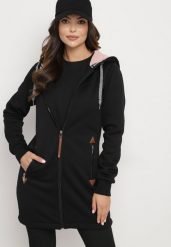 Czarna Bluza z Kapturem o Długim Fasonie z Ozdobną Taśmą Sintoria. Czarne bluzy damskie Born2be, m, bez wzorów, z jeansu, z kapturem. Za 54.99 zł.