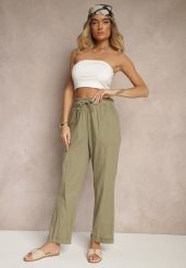 Ciemnozielone Spodnie z Bawełny High Waist z Wiązaniem Tyswia. Zielone spodnie materiałowe damskie Renee, bez wzorów, z bawełny. Za 44.99 zł.